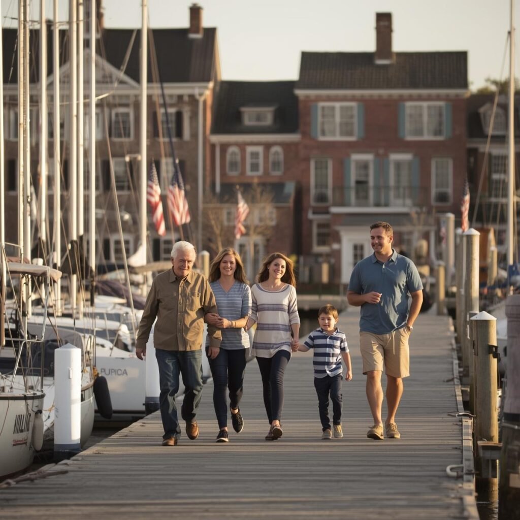 Multigenerational family walking together on a dock in St. Michaels, Maryland, with boats and historic brick buildings in the background.