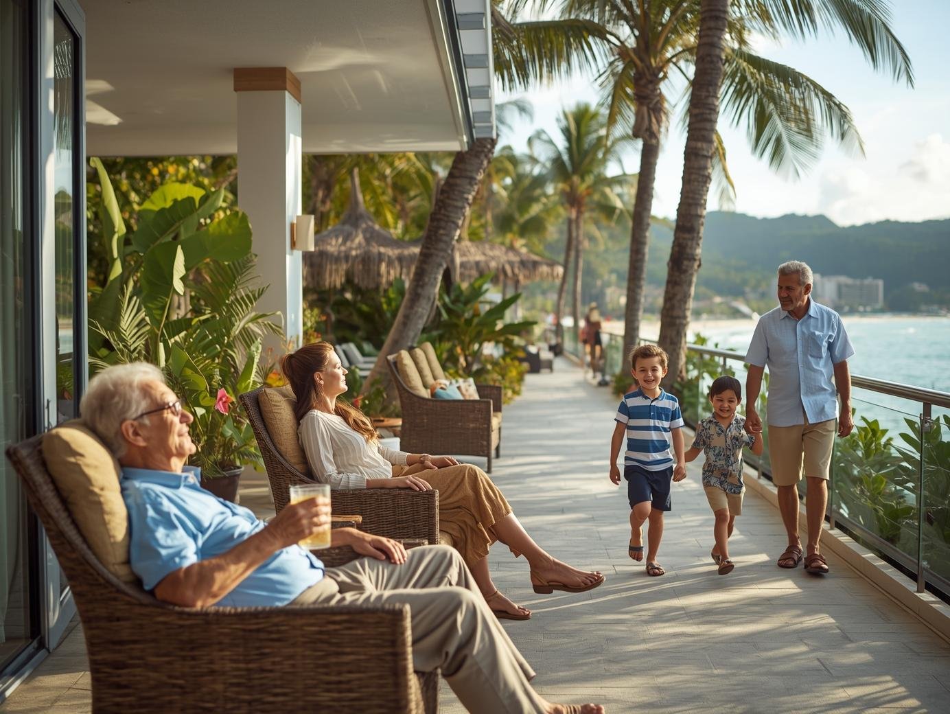 Grandparents, parents, and young children relaxing and walking together on a seaside resort terrace.