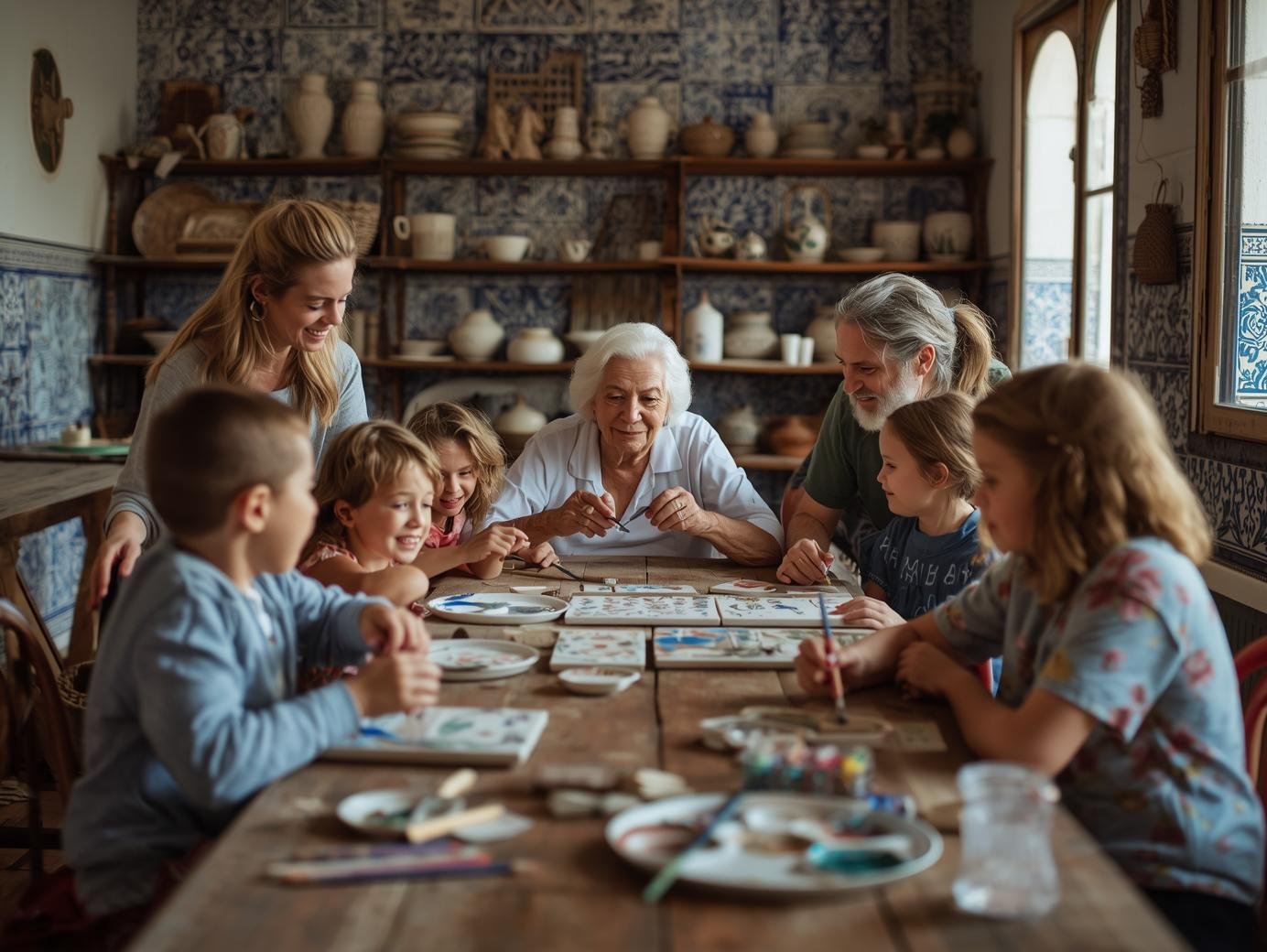 Grandparents, parents, and kids painting ceramics together at a long table during a family trip.
