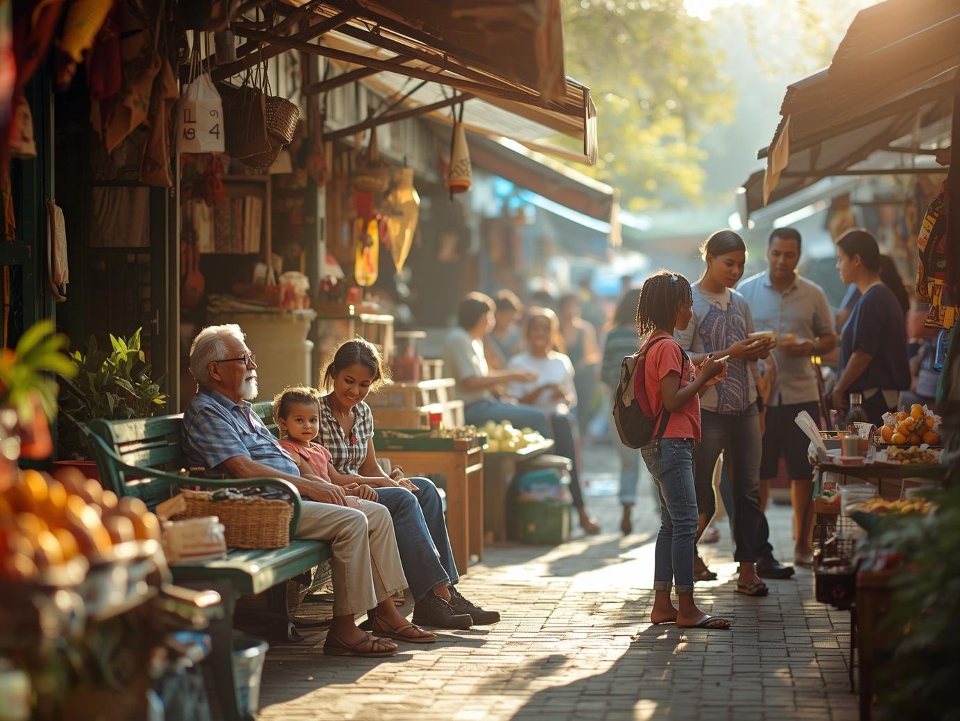 Multigenerational family exploring a busy outdoor market street together.