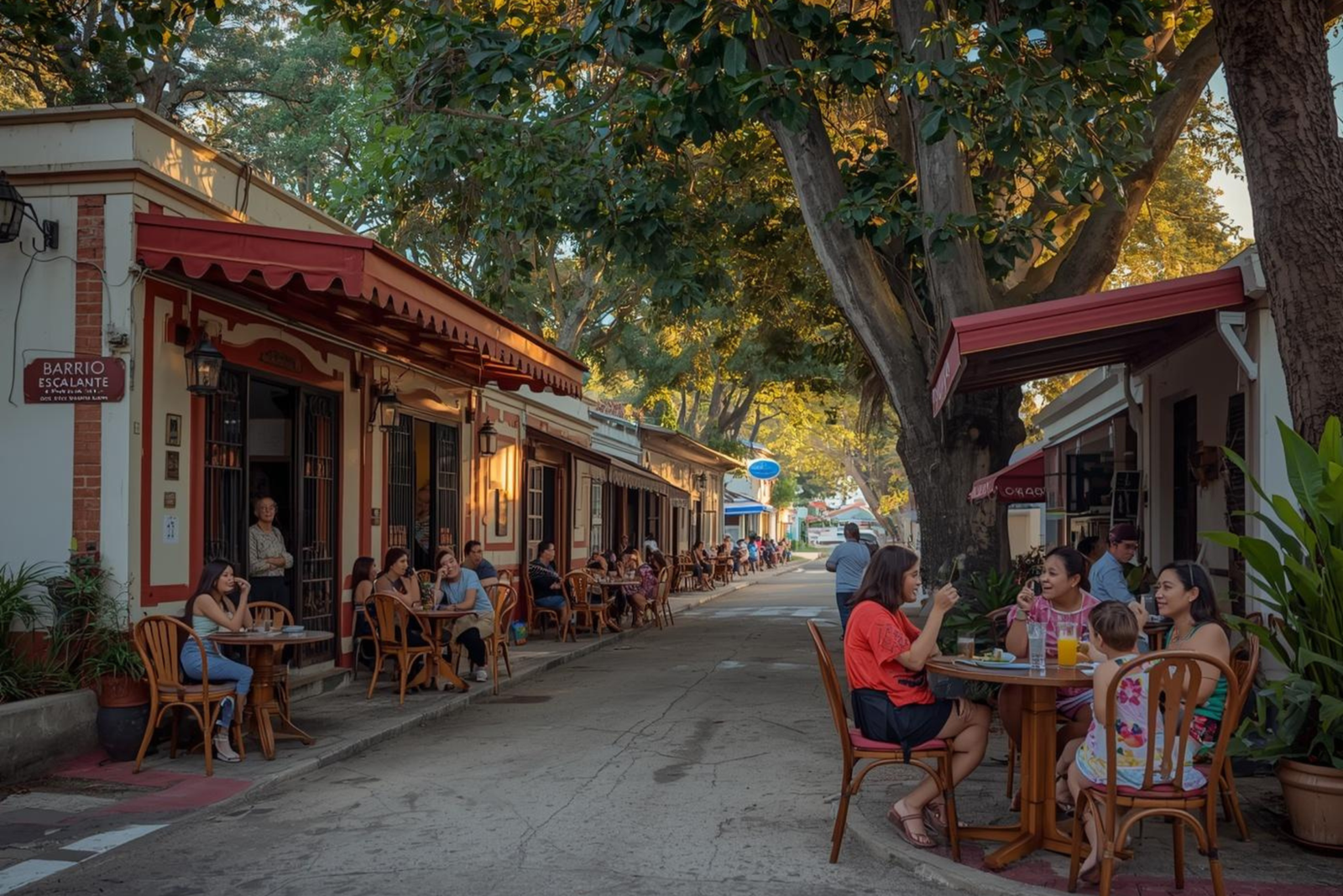 Families and friends sitting at outdoor café tables along a tree-lined street in Barrio Escalante in San José, Costa Rica