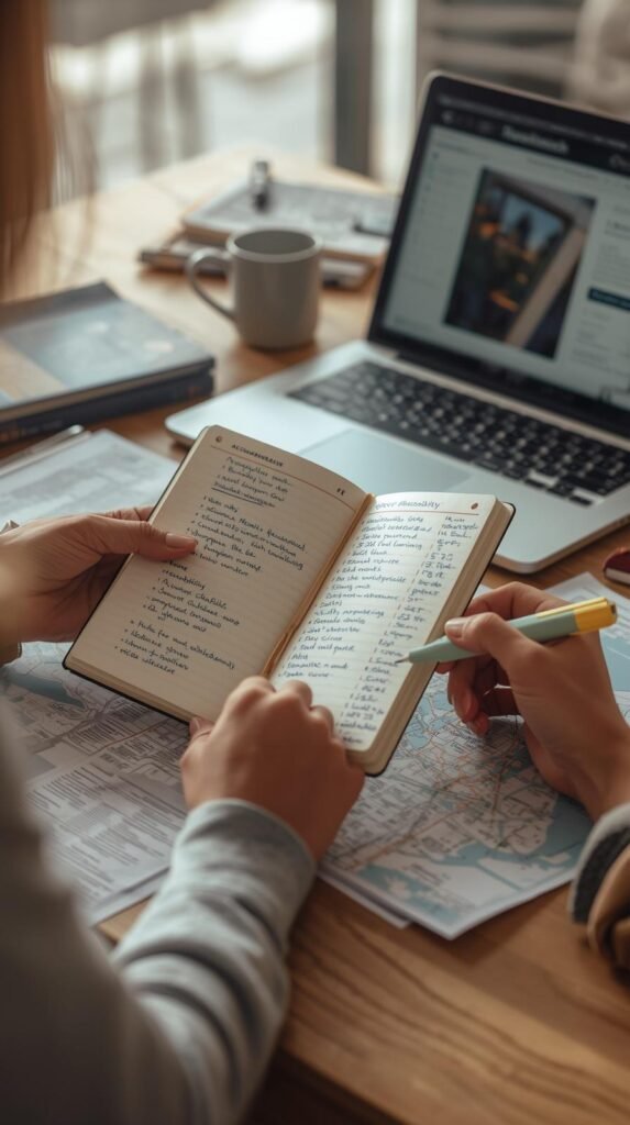 Close-up of hands reviewing a notebook of travel notes over maps and a laptop, showing careful behind-the-scenes trip research.