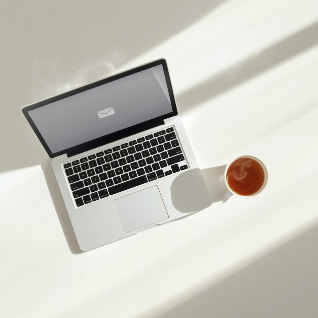 Open laptop with an email icon on the screen next to a cup of tea on a bright, minimal desk.