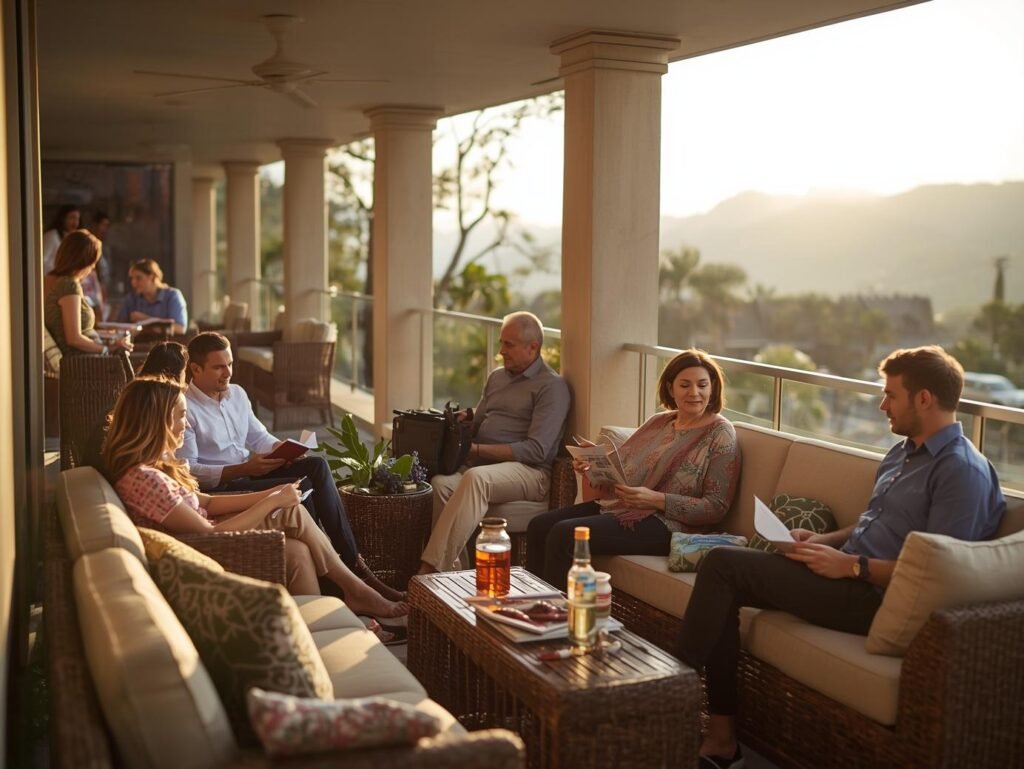 Family of adults relaxing on a terrace at sunset, reading and talking quietly during a calm moment on a trip.