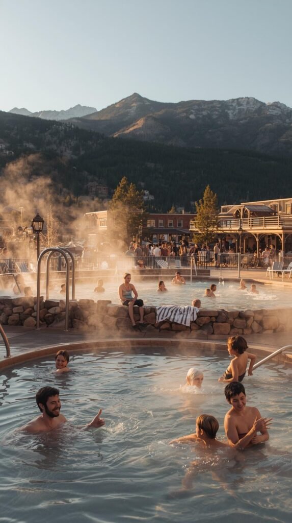 Families relaxing in warm hot springs pools at a Colorado mountain resort in the evening