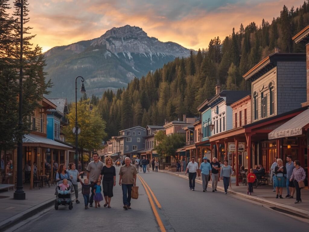Multigenerational families strolling a Colorado mountain town main street at sunset with forested slopes and a peak in the background.
