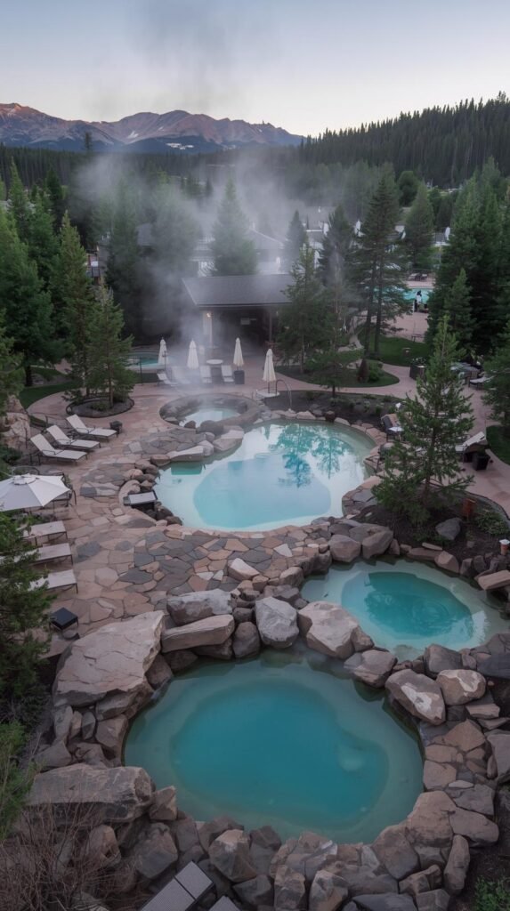 A series of steaming stone hot springs pools at a Colorado mountain resort surrounded by pine trees and distant peaks.