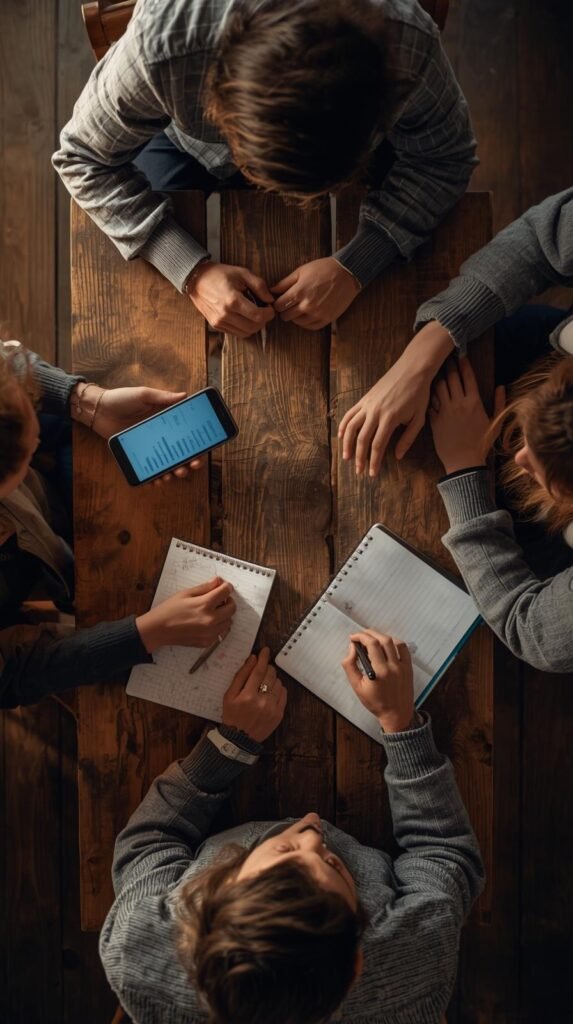 small group sitting around a wooden table using notebooks and a smartphone to decide how to split shared travel expenses