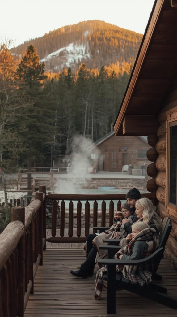 Family sitting on a cabin deck wrapped in blankets, sipping warm drinks with steaming hot springs and Colorado mountains in the background.