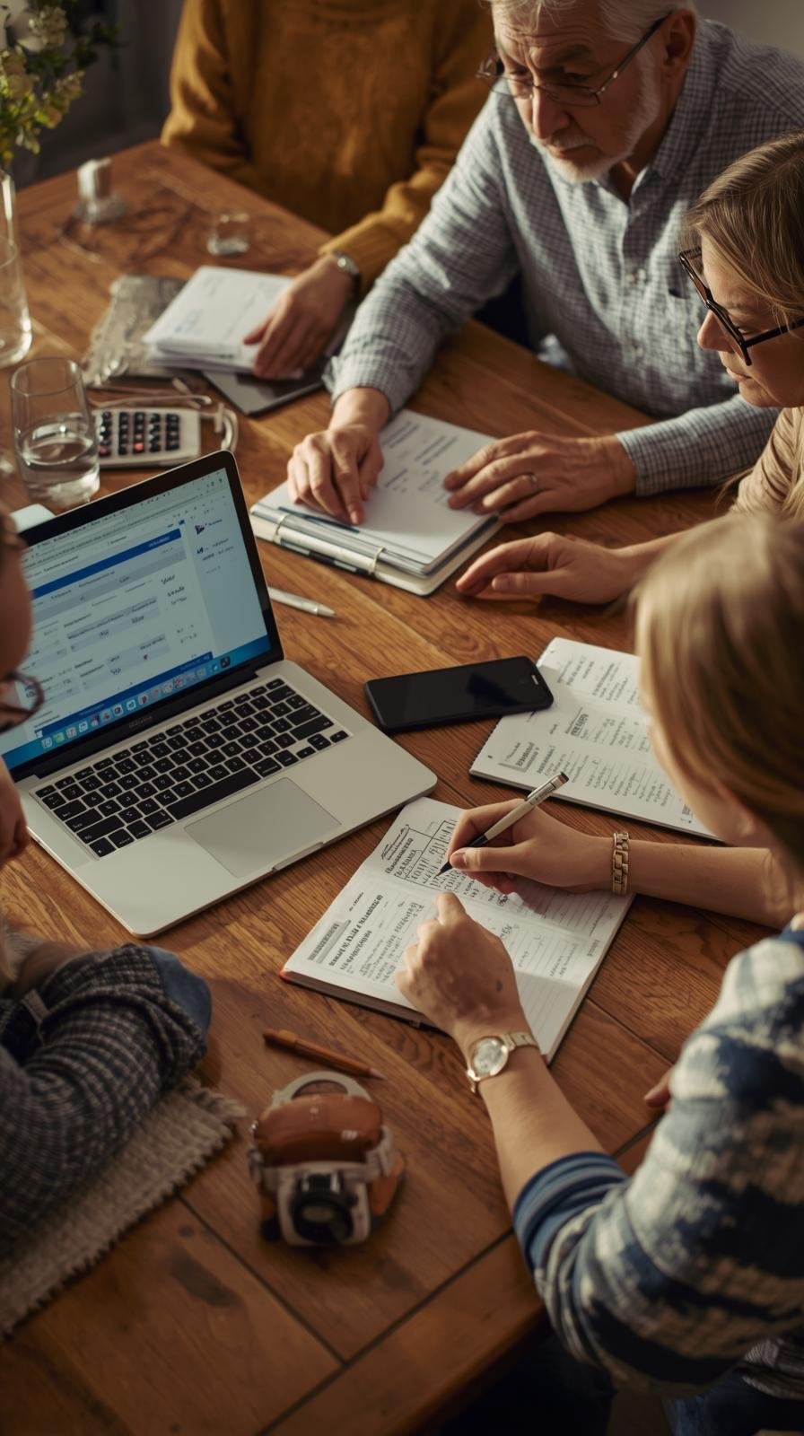 group of adults sitting at a wooden table using a laptop and multiple notebooks to write estimated flight, lodging, food, and activity costs for a shared trip budget