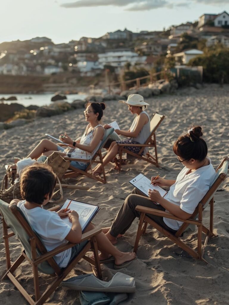 Family sitting in beach chairs in a seaside town, quietly sketching the shoreline and writing in travel journals as the sun sets.