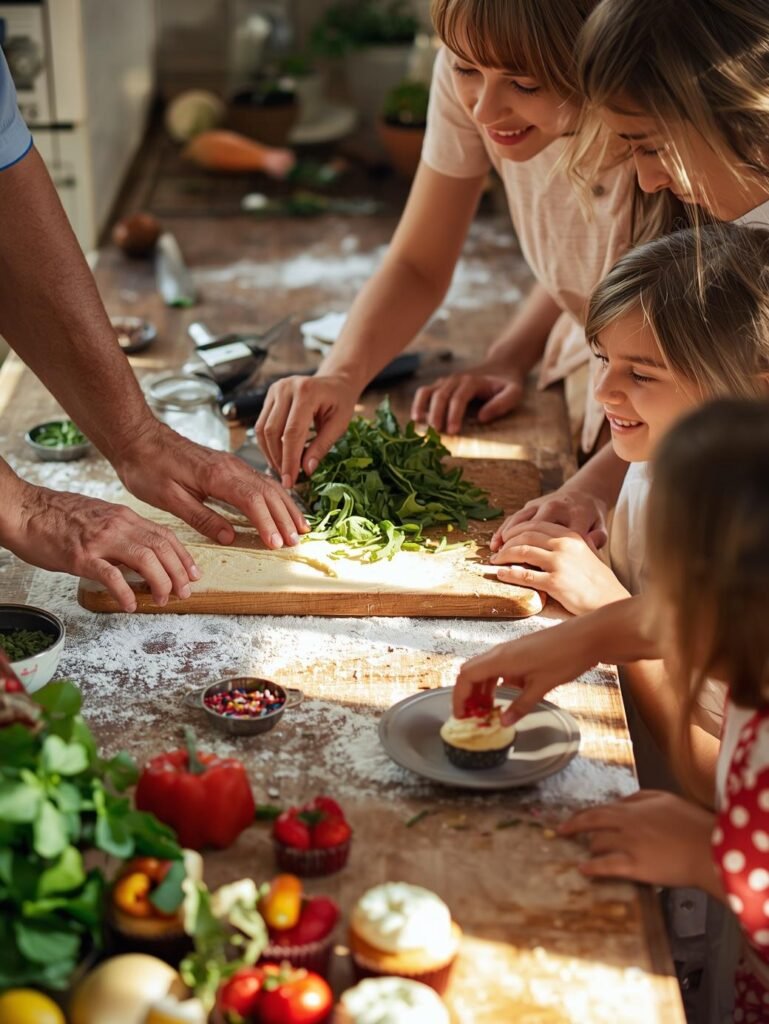 Family cooking together at a flour‑covered kitchen table, with adults chopping greens while children decorate cupcakes.