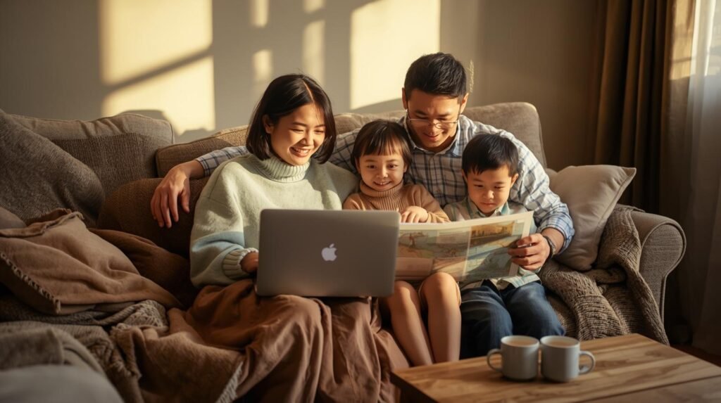Family sitting on a cozy couch planning a trip together with a laptop and map