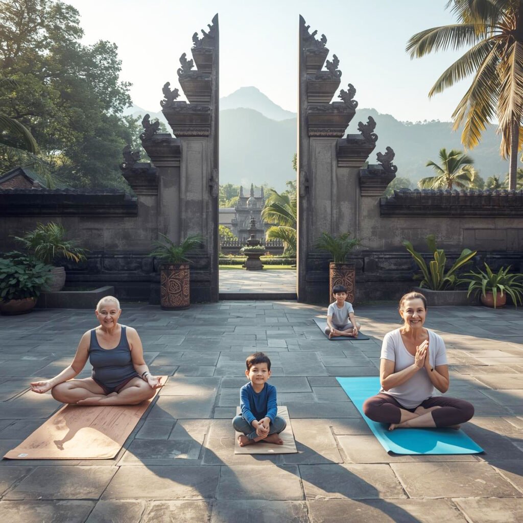 Multigenerational family practicing yoga and meditation on mats in a peaceful stone courtyard with tropical trees and a temple-style gate.
