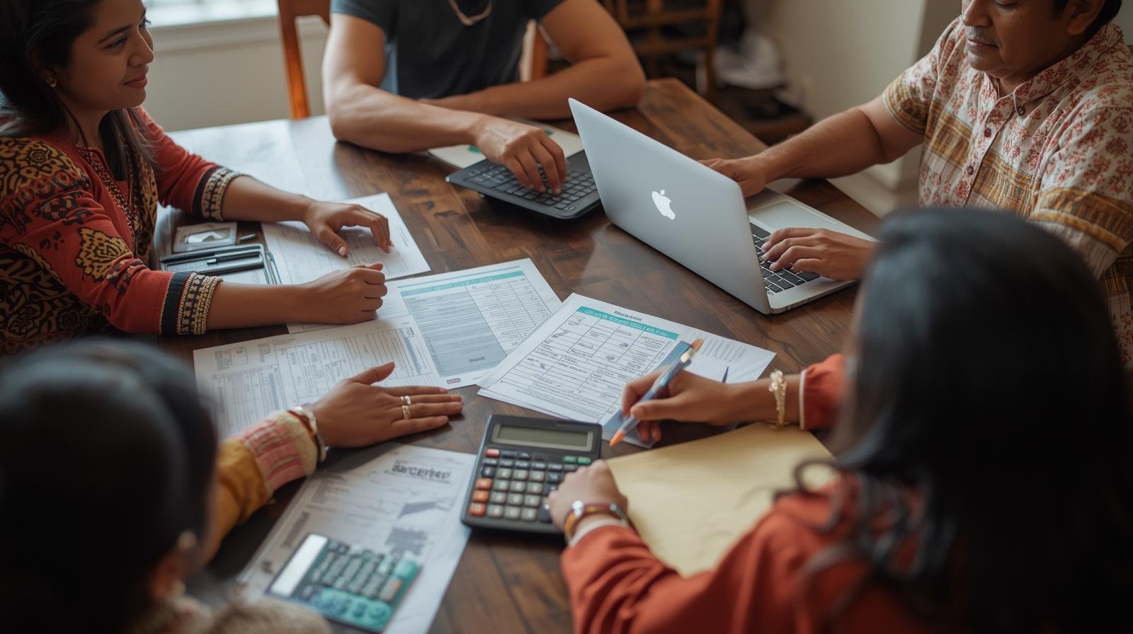group of adults sitting around a wooden table using laptops, papers, and calculators to plan a shared trip budget