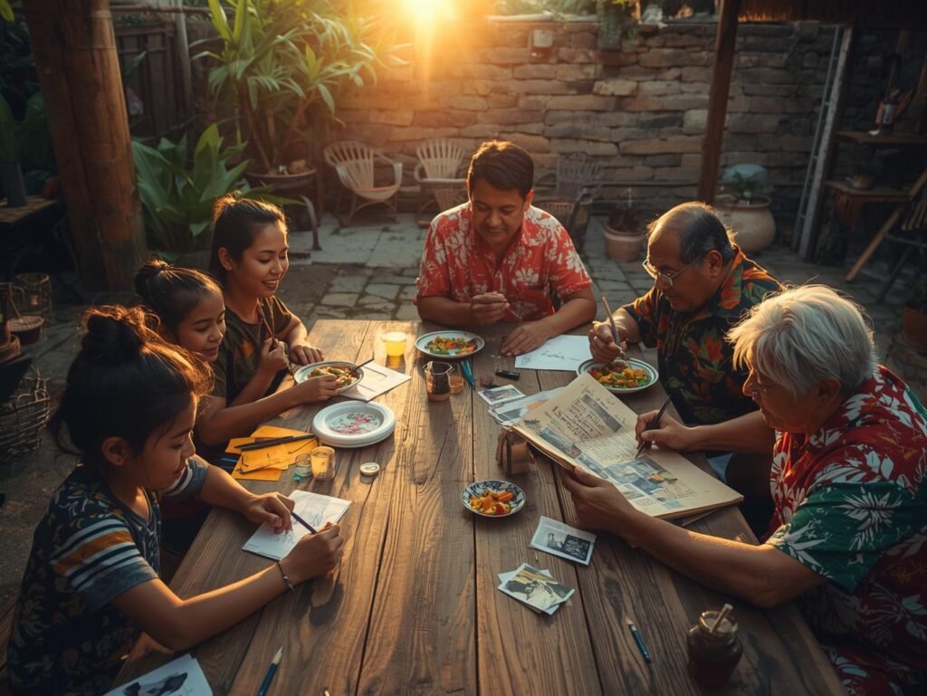 Multigenerational family gathered around a long outdoor table at sunset, sharing food, writing in journals, and arranging travel photos together.