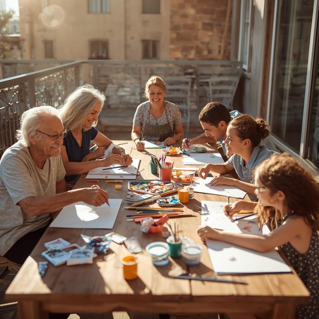 Multigenerational family sitting around an outdoor table, painting and drawing together during an art workshop.