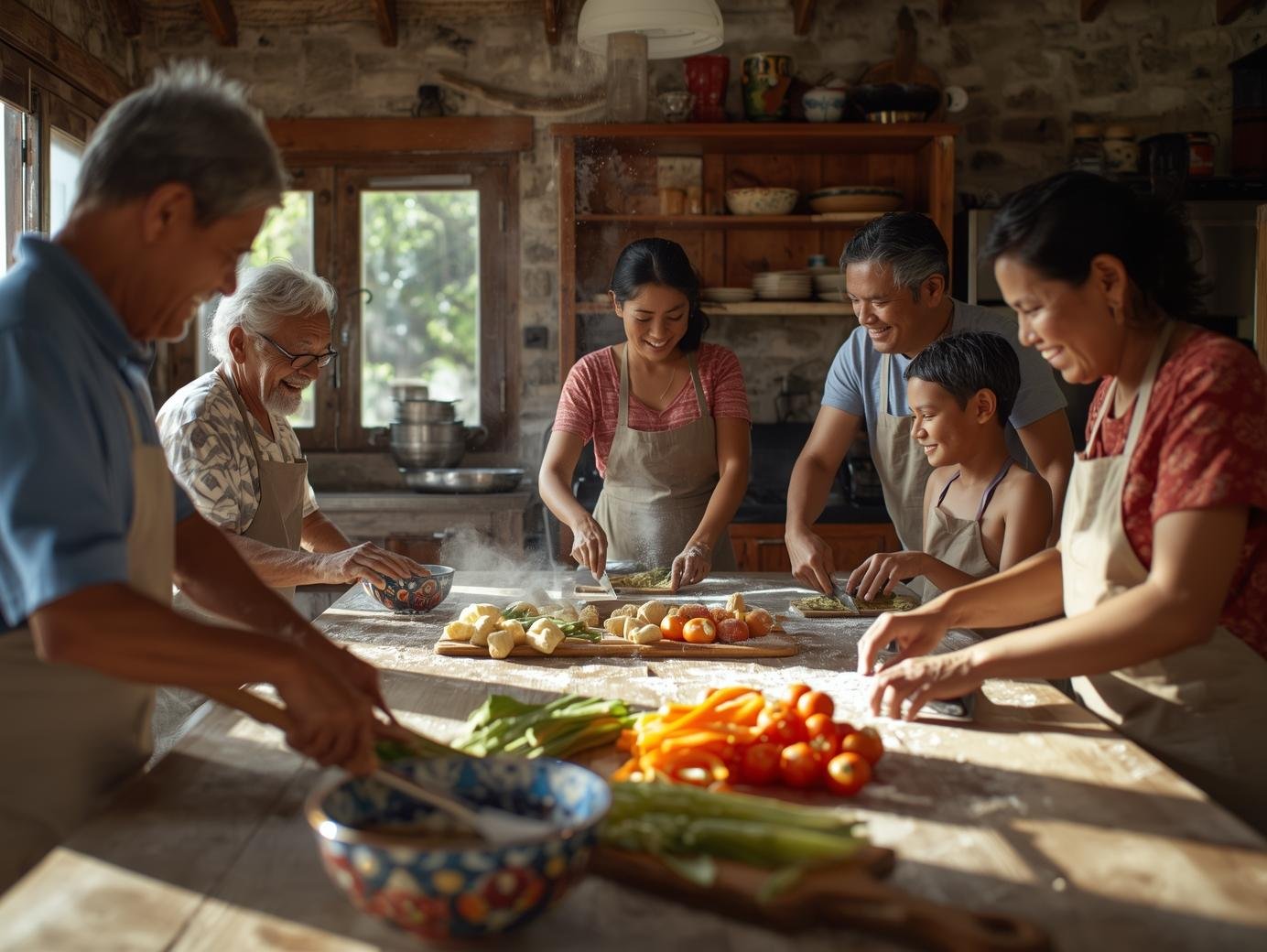 Multigenerational family cooking together around a flour‑covered kitchen table, chopping vegetables and rolling dough.