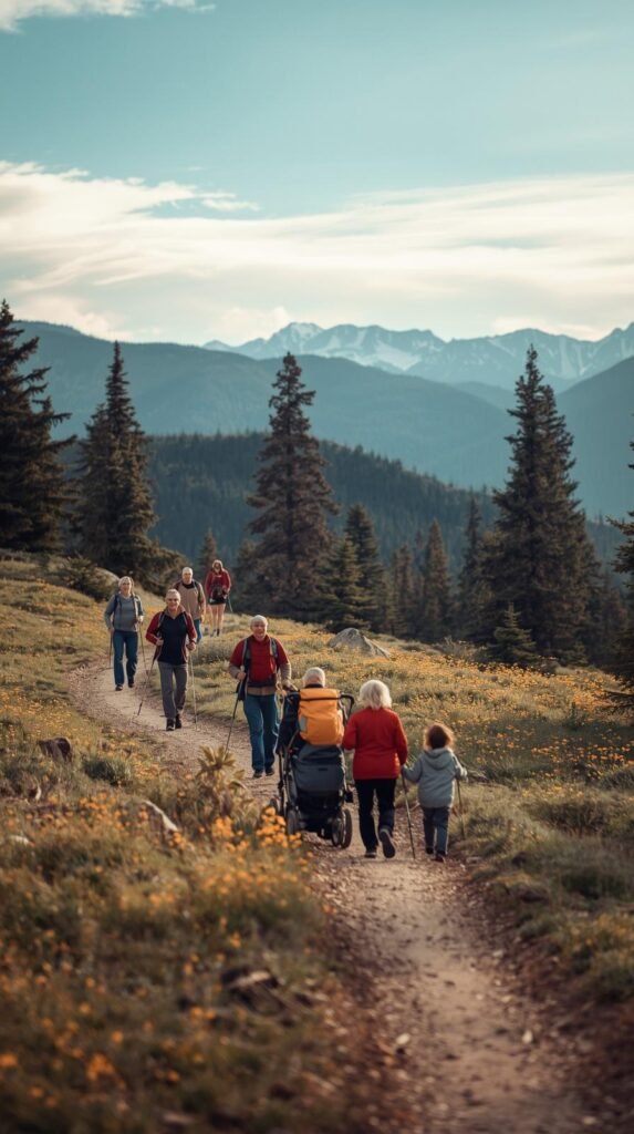 Multigenerational family walking a gentle mountain trail in Colorado with a stroller, kids, and grandparents surrounded by pines and distant peaks.
