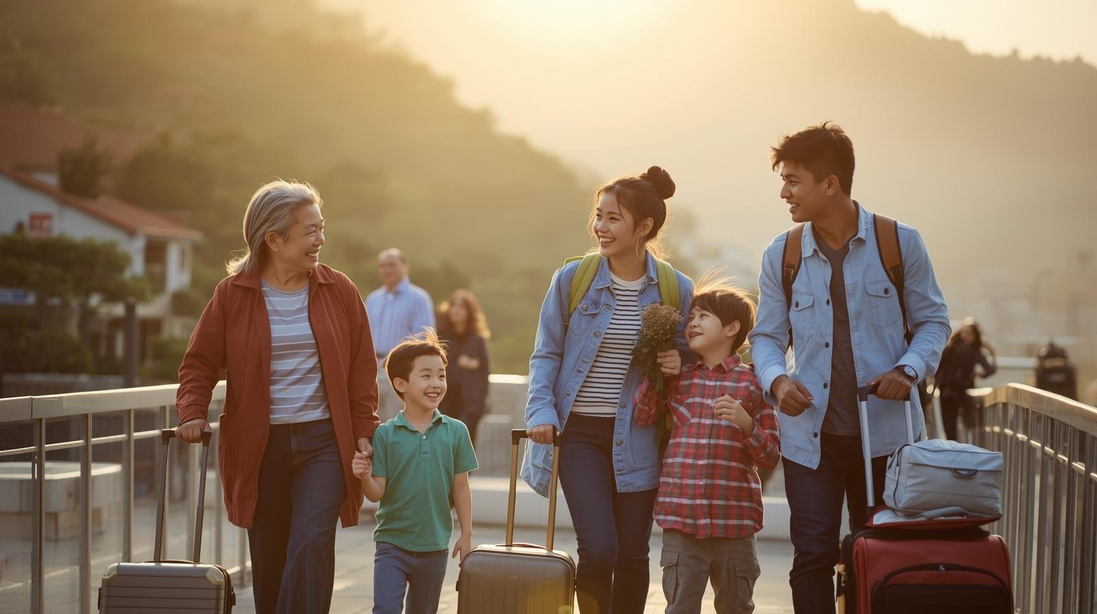 multigenerational family with grandparents, parents, and children walking together with suitcases at a sunny vacation destination, smiling and talking