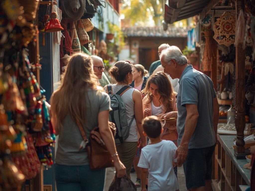 Multigenerational family walking through a colorful outdoor market, browsing local crafts and stalls together while traveling.