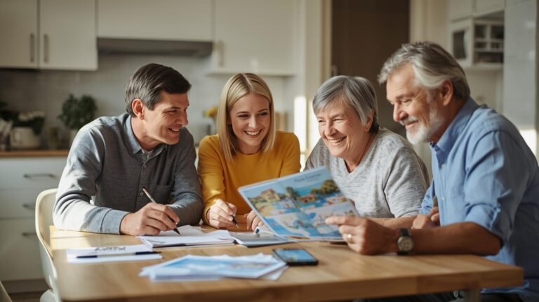 multigenerational family sitting at a kitchen table planning a group trip budget with papers and a travel brochure