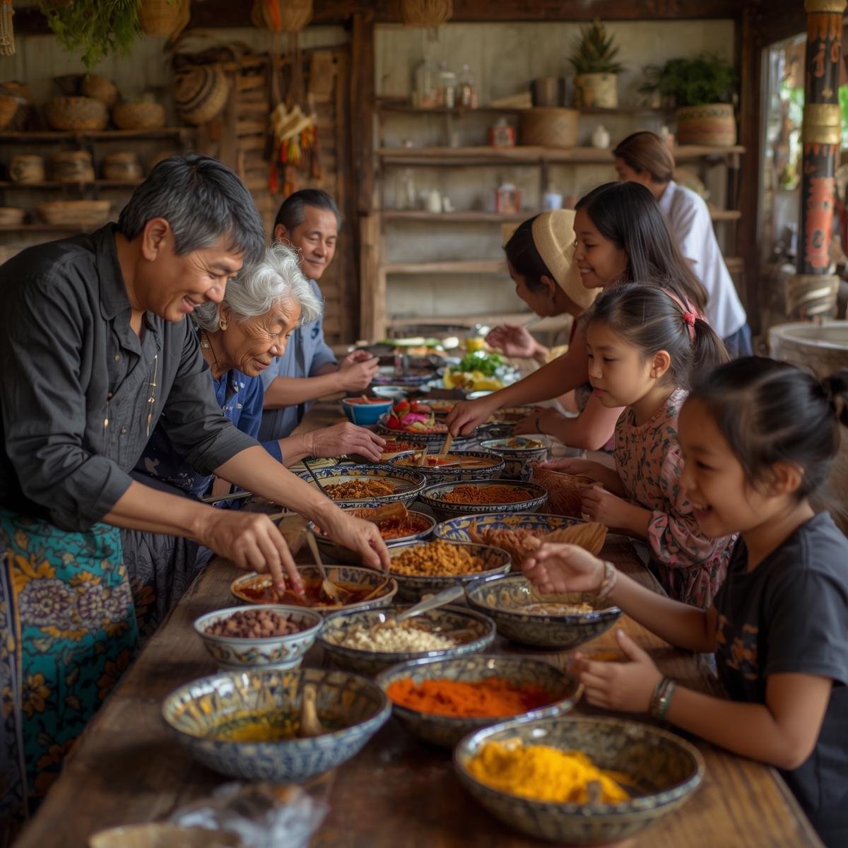 Multigenerational family at a long table during a local cooking class, with adults and children sampling colorful spices and ingredients from shared bowls.