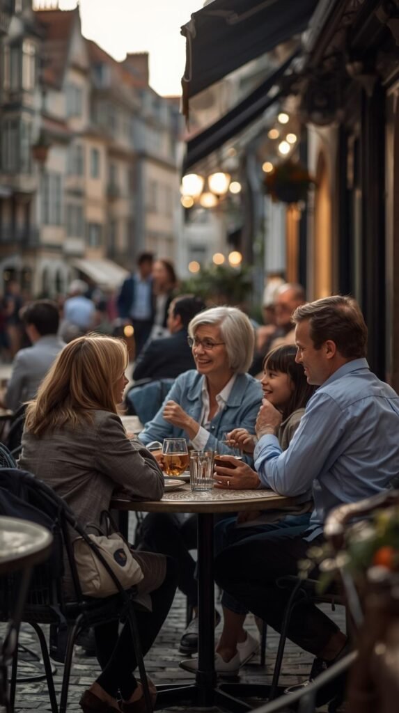 Multigenerational family sharing a relaxed conversation at an outdoor café while traveling, showing meaningful time together.