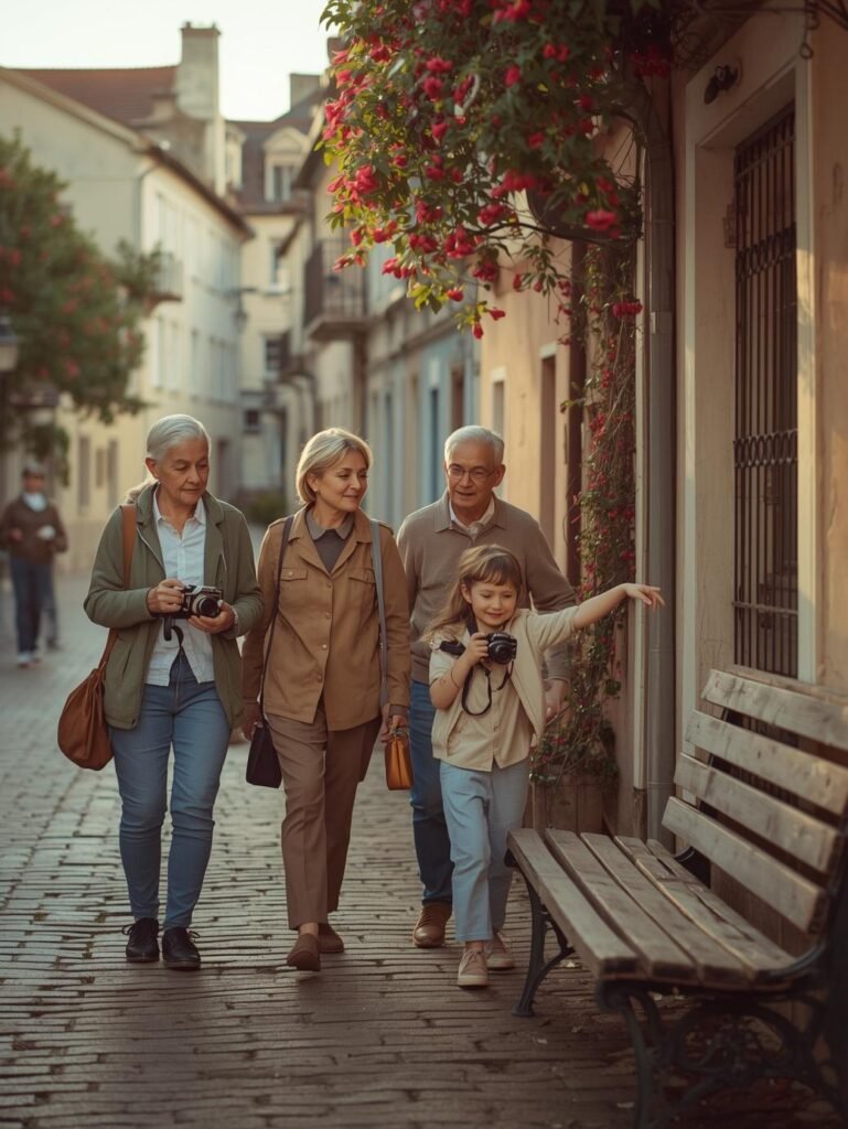 Multigenerational family on a slow photography walk through a quiet old‑town street, with cameras in hand and a child pointing out details under flowering vines.
