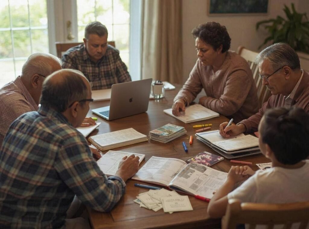 Multigenerational family sitting around a table with notebooks and a laptop, calmly planning a trip together.