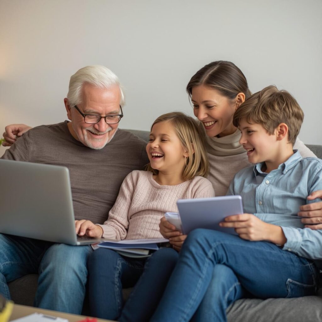 Grandparent, parent, and two children sitting together on a couch, looking at a laptop and holding notebooks while planning a trip.