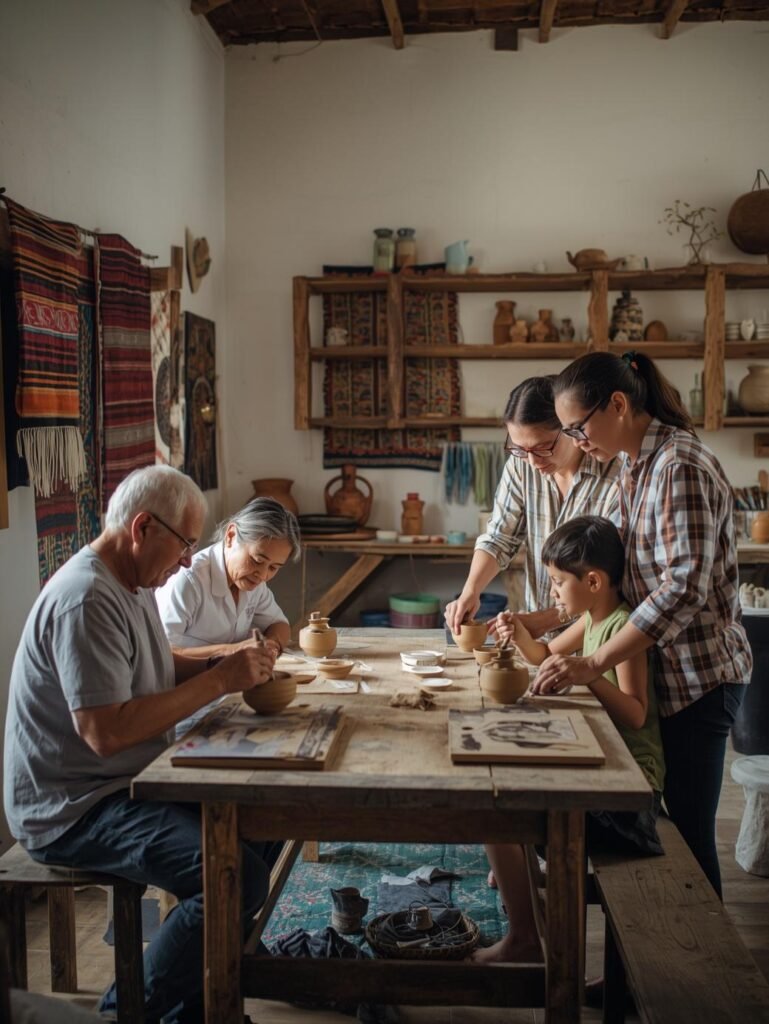 Multigenerational family in a cozy pottery studio, each person shaping their own clay piece at a shared wooden table decorated with local textiles and ceramics.