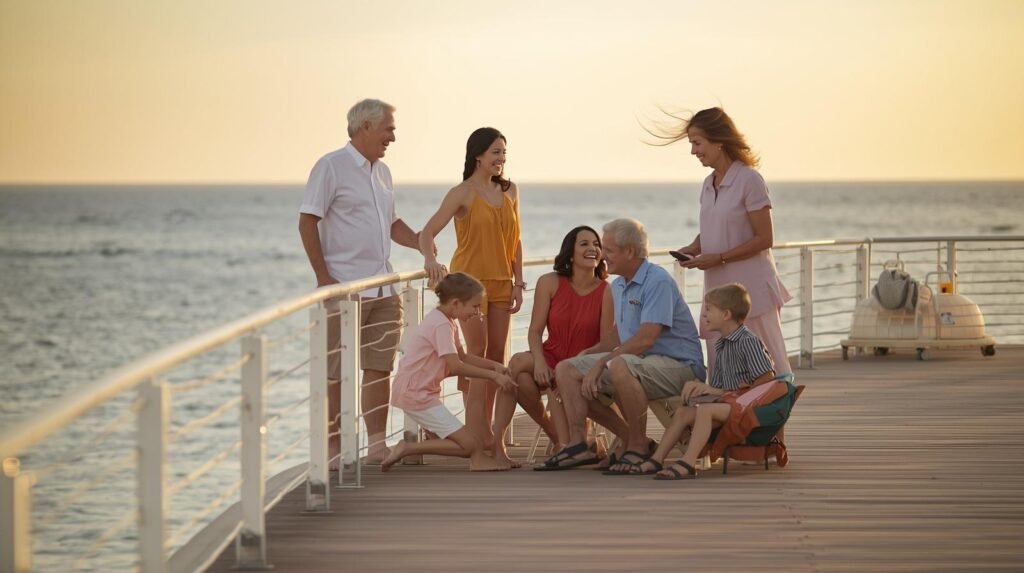 Multigenerational family relaxing and talking together on a seaside boardwalk at sunset