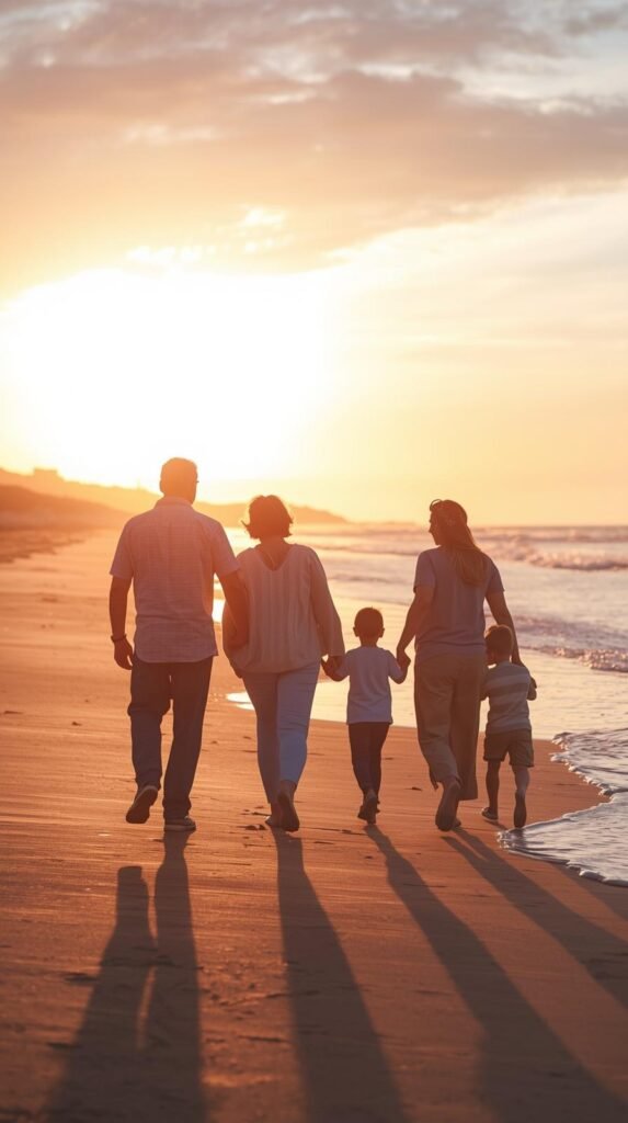 Multigenerational family walking together along the beach at sunset, symbolizing peaceful family travel.