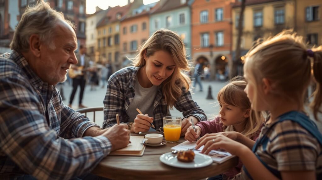 Multigenerational family writing in a shared travel journal at an outdoor café in a historic city square