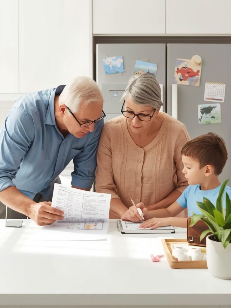 Grandparents and child planning a multigenerational family trip together at a kitchen counter with travel papers and a clipboard