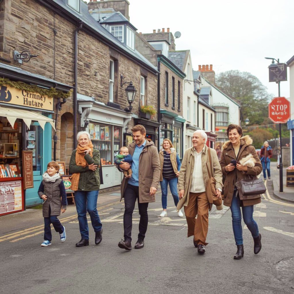 Multigenerational family walking together along a charming small-town street with shops and stone buildings.