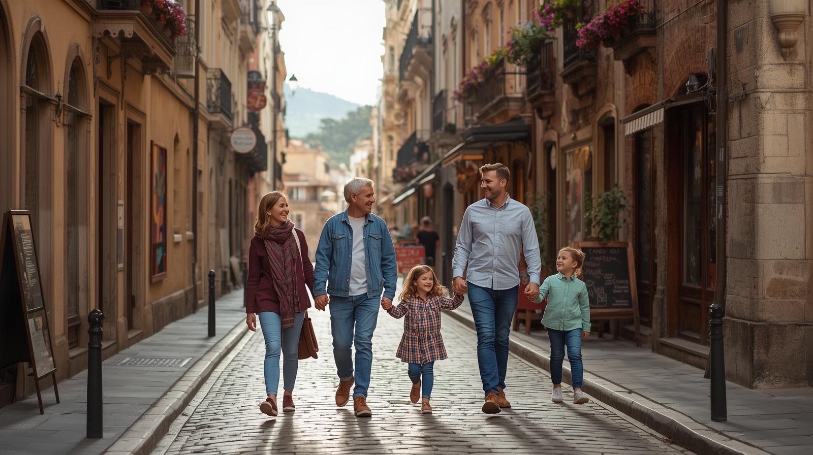 Multigenerational family walking together down a cobblestone street in a historic city neighborhood