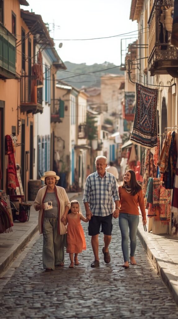 Multigenerational family walking hand in hand along a cobblestone market street lined with colorful textiles and shops.