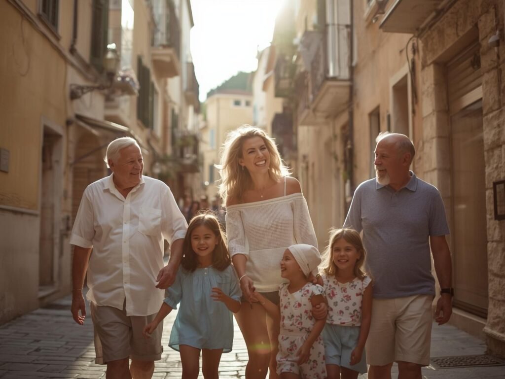 Multigenerational family walking together down a sunlit city street, with grandparents, parent, and children side by side.