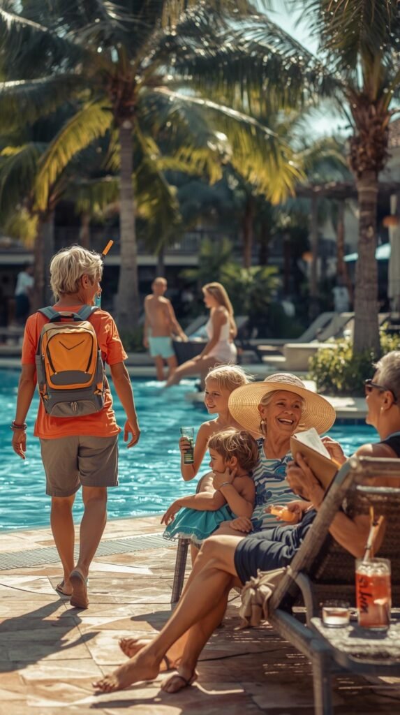 Traveler with a backpack walking past a resort pool while family members relax on loungers with drinks, showing activity junkie versus relaxation seeker on a multigenerational trip