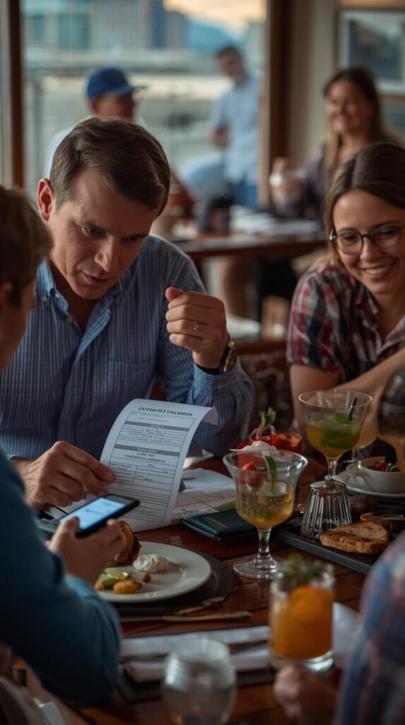 Traveler studying a restaurant bill and using a phone calculator at a vacation dinner table, highlighting budget concerns on a multigenerational trip