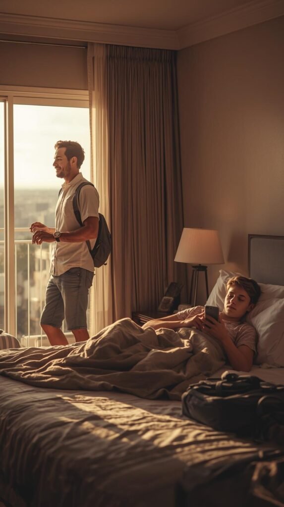 Early riser traveler dressed and ready by the hotel balcony while another person stays in bed on their phone, showing different morning energy levels on a trip