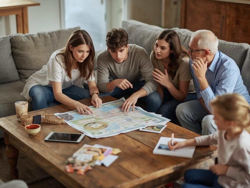 Multigenerational family sitting on a couch planning a trip together over a large city map on the coffee table