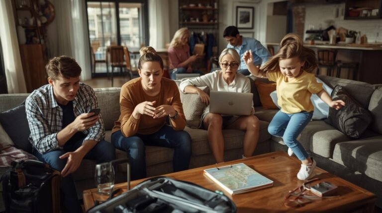 Multigenerational family in a vacation rental living room showing different personalities while planning a trip