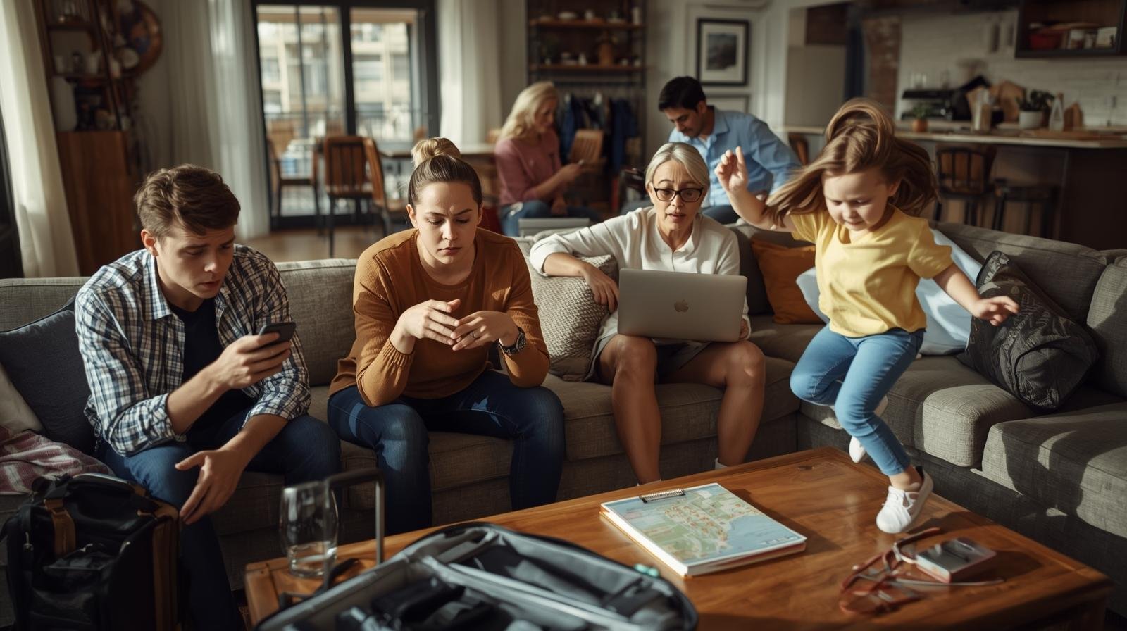 Multigenerational family in a vacation rental living room showing different personalities while planning a trip