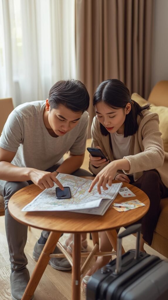 Two travelers in a vacation rental planning a trip with a paper map and phones, one pointing at routes while the other reviews options, showing problem‑solver and decision‑maker roles