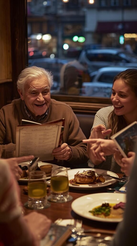 Older traveler studying a familiar restaurant menu while a younger family member points to a different option, showing tradition versus trying something new on a trip