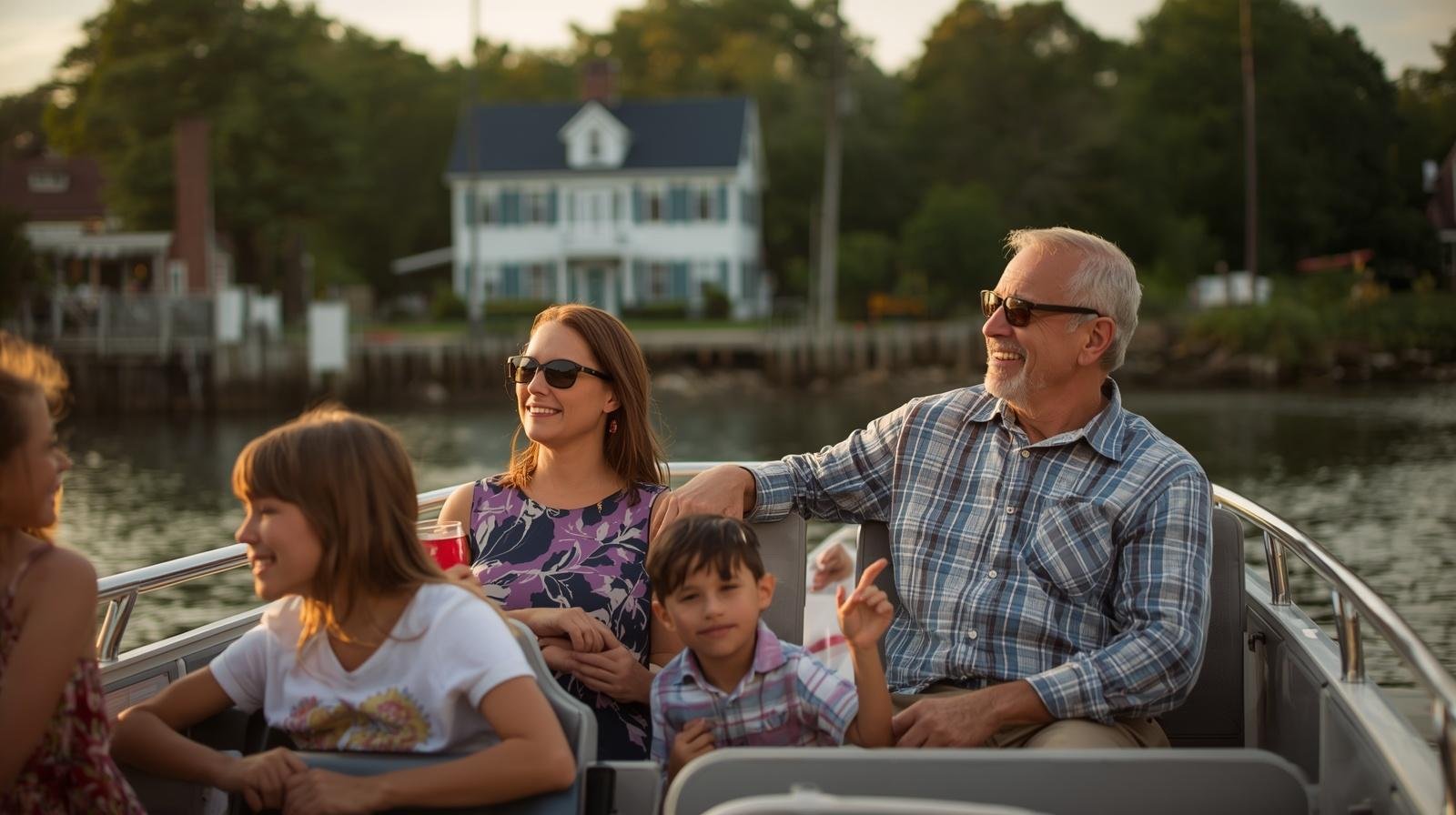 Multi-generational family relaxing on an evening boat cruise in St. Michaels, Maryland, with a waterfront home in the background