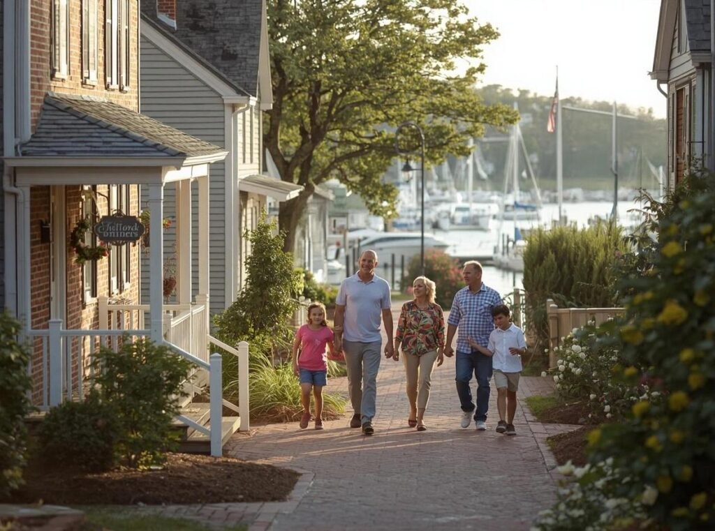 Multigenerational family walking along a brick path between historic homes toward the harbor in St. Michaels, Maryland
